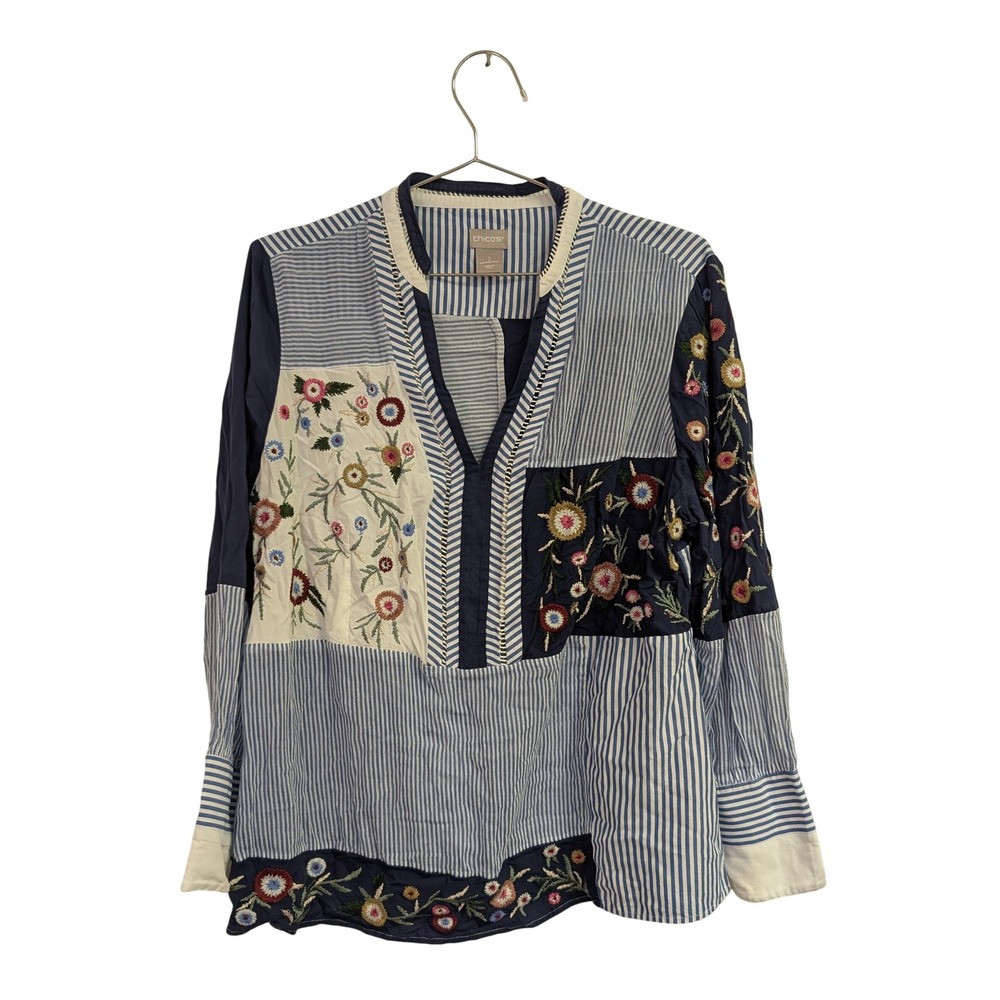 Chico's Floral Embroidery‎ Pinstripe Blouse Mixed Media Peasant Top Boho 2 XL
